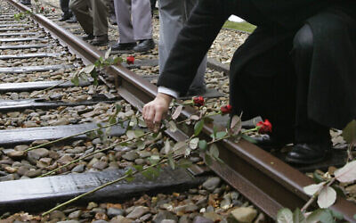 Des roses sont placées symboliquement sur les voies ferrées de l’ancien camp de concentration de Westerbork, aux Pays-Bas, en souvenir des plus de cent mille juifs transportés de Westerbork aux camps de la mort nazis pendant la Seconde Guerre mondiale, le 9 mai 2015. (Crédit : Peter Dejong/AP)