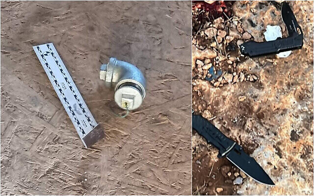 Ces photos montrent des couteaux et explosifs trouvés sur un suspect palestinien qui aurait pénétré par effraction dans la ferme d'une implantation, dans le nord de la Cisjordanie, le 10 mars 2023. (Crédit : Igal Lahav / Conseil municipal de Karnei Shomron ; Tsahal)