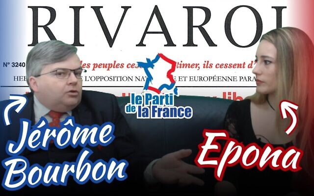 Les militants extrémistes Jérôme Bourbon et "Epona", dans une vidéo réalisée pour le Parti de la France, le 26 février 2023. (Crédit : capture d’écran YouTube)