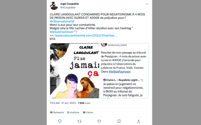 Message de la page « Jugé coupable » sur Twitter.