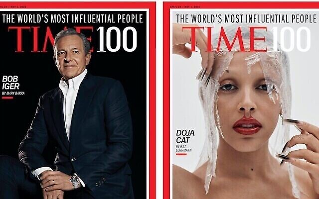Bob Iger et Doja Cat figurent parmi les personnalités juives sur la liste des 100 personnes les plus influentes établie par Time Magazine pour l'année 2023. (Crédit : Time)