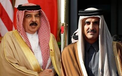 Un montage de photos d'archives montre le roi de Bahreïn Hamad bin Isa Al Khalifa (à gauche) et l'émir du Qatar, le cheikh Tamim bin Hamad Al Thani. (Crédit : AP Photo/Evan Vucci et Hussein Malla)