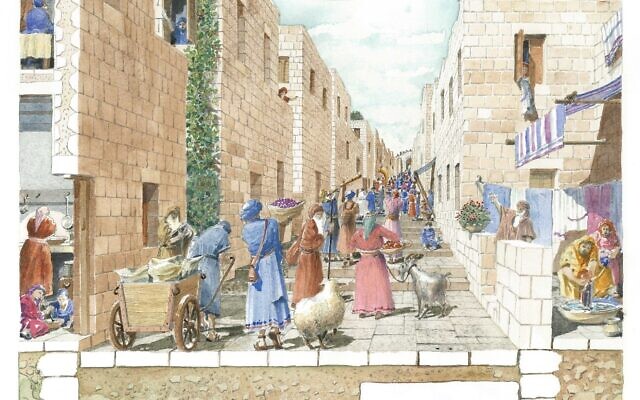 Un rendu du bassin de Siloam et de la route du pèlerinage à l'époque du Second temple. (Crédit : Shalom Kveller, City of David Archives)