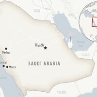 Une carte de l'Arabie saoudite avec sa capitale, Ryad. (Crédit : AP Photo)