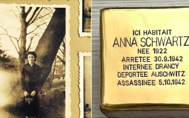 Anna Schwartz et le Stolpersteine lui rendant hommage à Paris. (Crédit : Hugues Marie Geoffroy Lefèvre / Facebook)