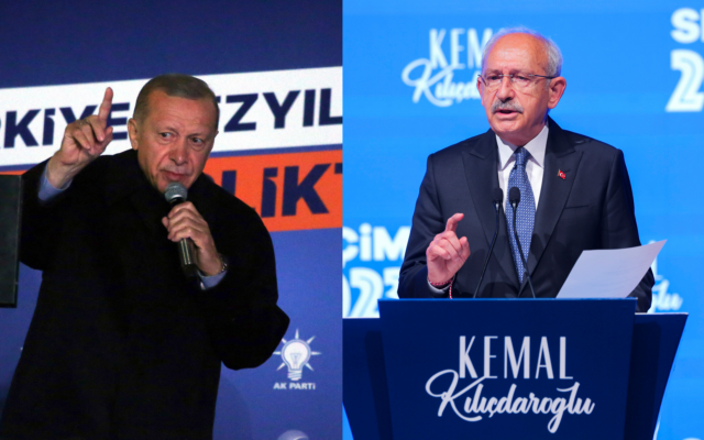 MONTAGE - A droite : Kemal Kilicdaroglu, 74 ans, chef du Parti républicain du peuple (CHP) de centre-gauche, pro-laïque, s'exprime au siège du parti à Ankara, Turquie, le dimanche 14 mai 2023. 
A gauche : Le président turc Recep Tayyip Erdogan prononce un discours au siège du parti, à Ankara, Turquie, le 15 mai 2023. (Crédit : AP Photo)