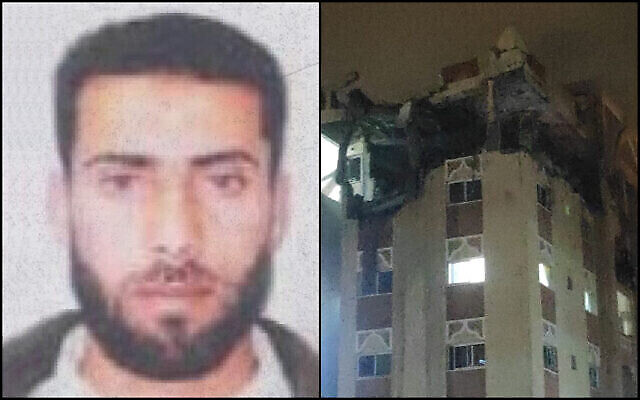 Cette photo (à gauche) publiée par l’armée israélienne donne à voir Ali Ghali, commandant des forces du Jihad islamique. Ghali a été tué par une frappe israélienne sur un bâtiment (à droite) à Khan Younis, dans le Sud de Gaza le 11 mai 2023. (Crédit : Armée israélienne; réseaux sociaux)