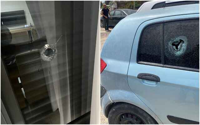 Les dégâts causés à une maison dans la ville de Gan Ner (à gauche) et à une voiture appartenant à un Palestinien à l'extérieur de l'implantation de Mevo Dotan en Cisjordanie, lors d'attaques par des terroristes palestiniens, le 28 mai 2023. (Autorisation)