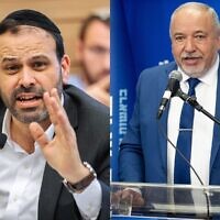 Cette combinaison de photos montre le député de Shas Yinon Azoulay (G) et le chef du parti Yisrael Beytenu Avigdor Liberman. (Crédit : Olivier Fitoussi et Yonatan Sindel/Flash90)