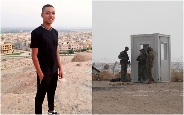 À gauche, Mohamed Salah Ibrahim, 22 ans, le policier égyptien qui a tué trois soldats de l'armée sur la frontière. À droite : le poste militaire qui avait été attaqué par Ibrahim le 3 juin 2023. (Crédit : Réseaux Sociaux ; Armée israélienne)
