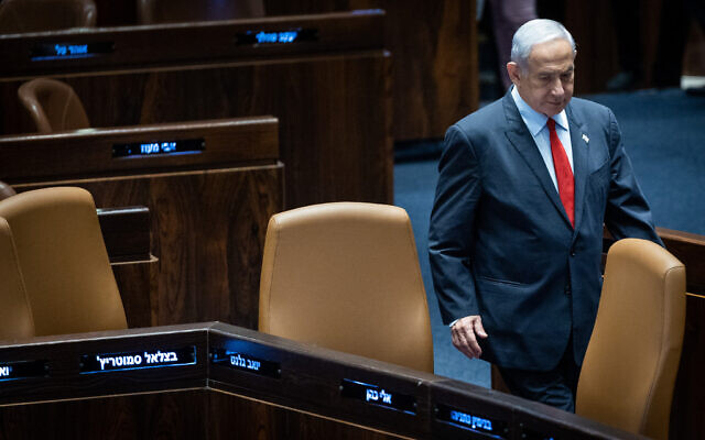 Le Premier ministre Benjamin Netanyahu à la Knesset, le 29 mai 2023. (Crédit : Yonatan Sindel/Flash90)