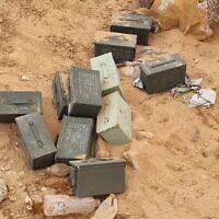 Des boîtes de munitions récupérées par Tsahal auprès de deux suspects qui les auraient volées dans un bunker de l'armée, dans le sud d'Israël, le 7 juin 2023. (Crédit : Shin Bet)
