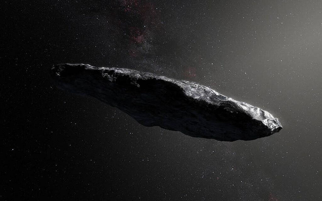 Illustration de ‘Oumuamua, le premier objet d’origine interstellaire vu dans notre système solaire. (Crédit : NASA Goddard Center/CC-SA-2.0)
