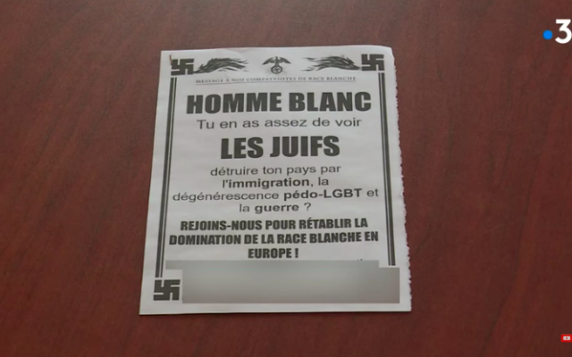 Un exemple de tracts néo-nazis retrouvés dans les boîtes aux lettres d'au moins "une dizaine" d'habitants d'une commune proche de Dijon. (Crédit : capture d'écran YouTube/France 3)
