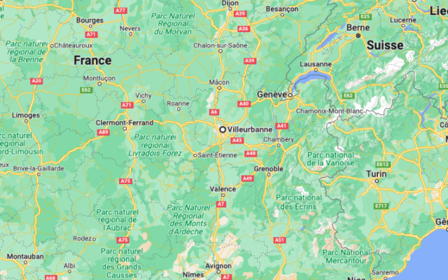 Villeurbanne, au centre de la carte. (Crédit : capture d’écran Google Maps)