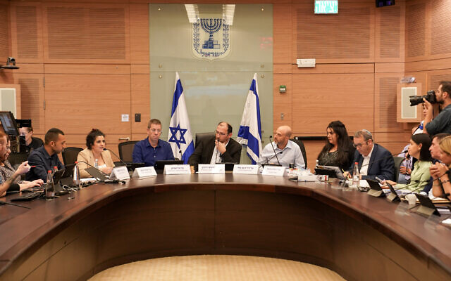 La commission parlementaire de la Constitution, du Droit et de la Justice, débattant du projet de loi sur la "raisonnabilité", le 17 juillet 2023. (Crédit : Danny Shem Tov/Porte-parole de la Knesset)