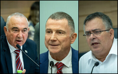 De gauche à droite : Le député Eli Dellal, à la Knesset, en avril 2023 ; le député Yuli Edelstein, à la Knesset, en juillet 2023 ; le député David Bitan, à la Knesset, en juillet 2023. (Crédit : Yonatan Sindel/Flash90)
