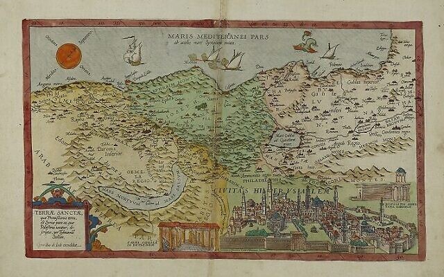 La carte de Jode Land of Israel 1593, l'une des cartes de la Golden Map Collection données à la Bibliothèque nationale d'Israël. (Crédit : Autorisation/Bibliothèque nationale d'Israël)