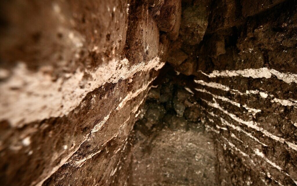 Un détail des rayures décoratives à la craie sur les briques en surplomb de la voûte en encorbellement de Tel Shimron dans le nord d'Israël, pendant la saison de fouilles 2023. (Autorisation d'Eyecon)