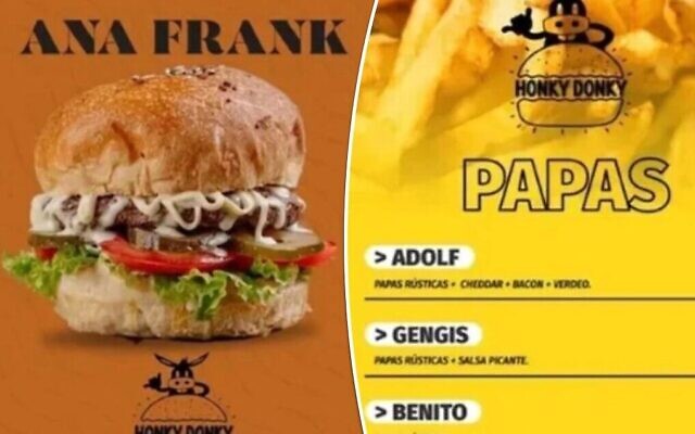 Le hamburger "Ana Frank" et les frites "Adolf" sur le menu du fast-food Honky Donky à Rafaela, en Argentine. (Crédit : Réseaux sociaux ; utilisé conformément à l'article 27a de la loi sur le droit d'auteur)