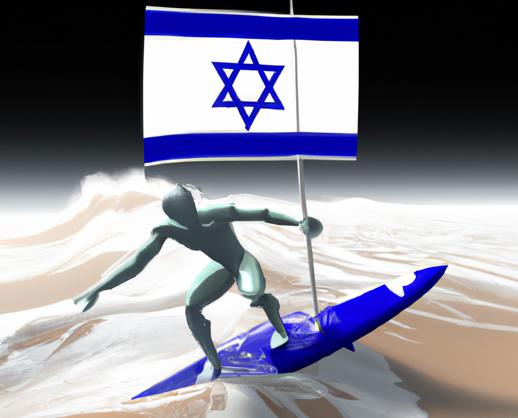 Illustration de DALL-E créée par Shoshanna Solomon : un cyborg futuriste chevauchant une vague au milieu de la mer avec un drapeau israélien en arrière-plan.