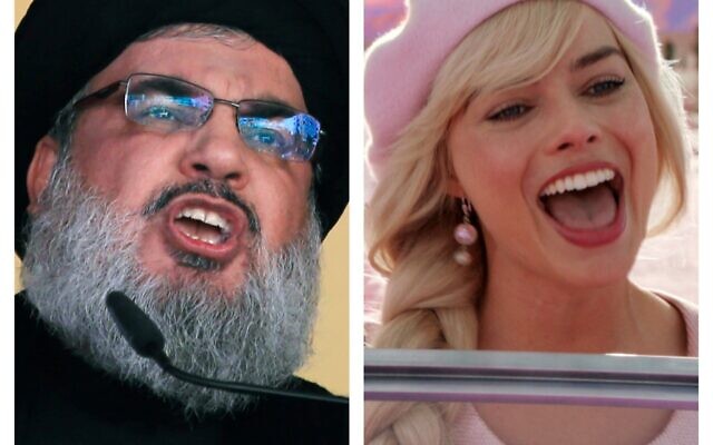 MONTAGE. Le chef du Hezbollah, le cheikh Hassan Nasrallah (à gauche), s'adresse à la foule lors de la journée sainte de l'Achoura, dans la banlieue sud de Beyrouth, au Liban, le 24 octobre 2015. (Crédit : AP Photo/Hassan Ammar, Archive). Margot Robbie (à droite) dans une scène de "Barbie". (Crédit : Warner Bros. Pictures via AP, Archive)