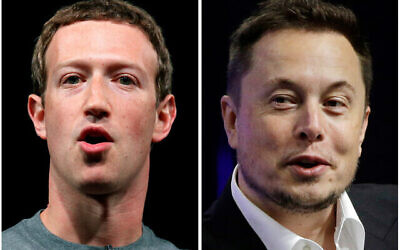 Le PDG de Meta, Mark Zuckerberg, à gauche, et le PDG de Tesla et SpaceX, Elon Musk, à droite. (Crédit : AP Photo/Manu Fernandez, Stephan Savoia)