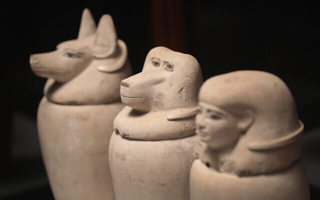 Des vases canopes égyptiennes, utilisées pour enterrer les organes momifiés, sont exposées au Field Museum le 13 mars 2018 à Chicago. Illustration (Crédit : Scott Olson/Getty Images/AFP)