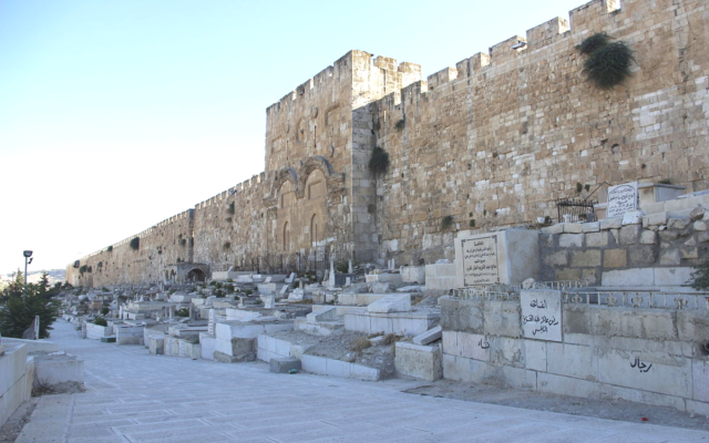 Le cimetière musulman de Bab al-Rahmeh à l'extérieur des murs orientaux de la Vieille Ville de Jérusalem, le 7 juillet 2015. (Crédit : Moataz Egbaria/Wikicommons ; utilisé conformément à la clause 27a de la loi sur le droit d'auteur)