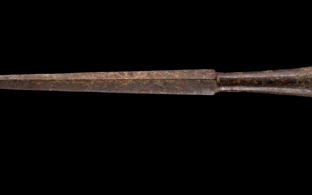 L'arme romaine pilum, vieille de 1 900 ans, découverte dans une grotte du désert de Judée. (Crédit : Dafna Gazit/IAA)