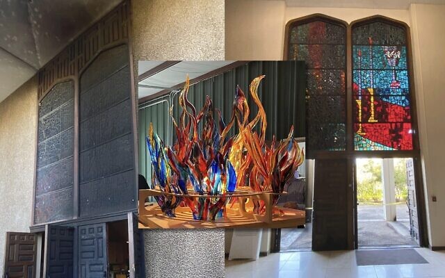 Une nouvelle "flamme éternelle" construite à partir de verre teinté endommagé dans l'incendie criminel d'une synagogue d'Austin, au Texas. (Autorisation :  Congregation Beth Israel et Lori Adelman. Design by Jackie Hajdenberg via JTA)