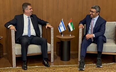 Le ministre des Affaires étrangères Eli Cohen, à gauche, rencontrant son homologue émirati Abdullah bin Zayed al-Nahyan en marge de l'Assemblée générale de l'ONU, à New York, le 20 septembre 2023 (Crédit : Ministère des Affaires étrangères)