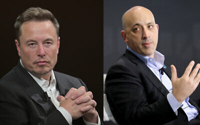 A gauche, Elon Musk, le propriétaire de X et directeur-général de Tesla et de Space X et, à droite, le chef de l'ADL Jonathan Greenblatt. (Crédit : Alain Jocard/AFP, JP Yim/Getty Images via AFP)