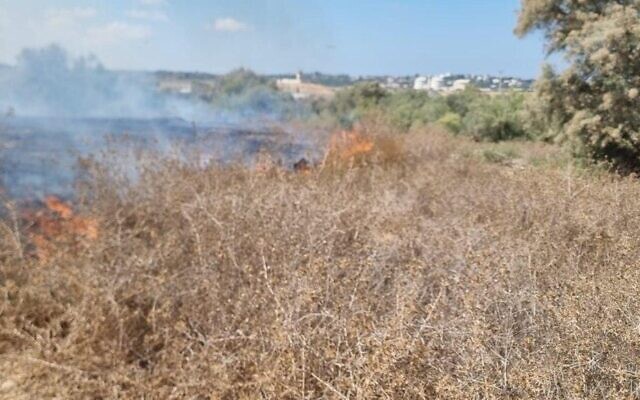 Un feu est visible dans la forêt de Kissufim suite à des ballons incendiaires lancés depuis la bande de Gaza le 22 septembre 2023. (Crédit : Fonds national juif)