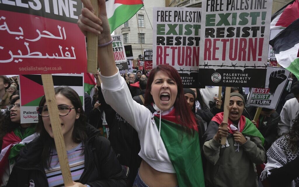 Illustration : Des manifestants lors d'une manifestation pro-palestinienne, à Londres, le 14 octobre 2023. (Crédit : Kin Cheung/AP)