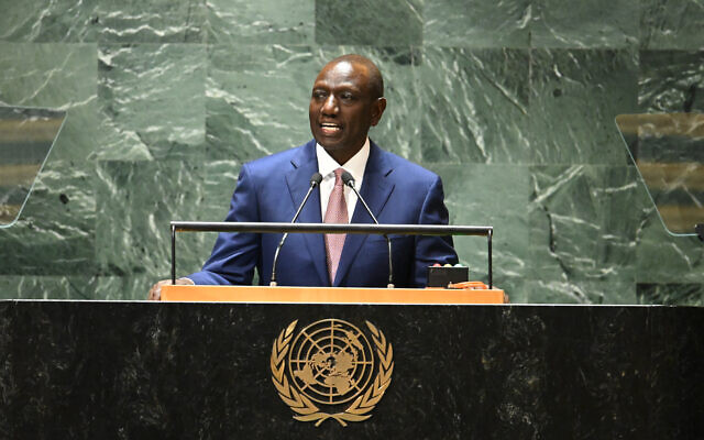 Le président kényan William Ruto s'adresse à la 78e Assemblée générale des Nations unies, à New York, le 21 septembre 2023. (Crédit : TIMOTHY A. CLARY / AFP)