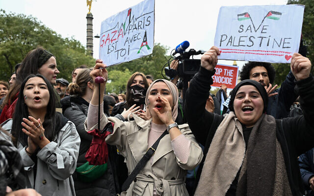 Rassemblement pro-palestinien place du Châtelet, à Paris, le 28 octobre 2023. (Crédit : Bertrand GUAY / AFP)
