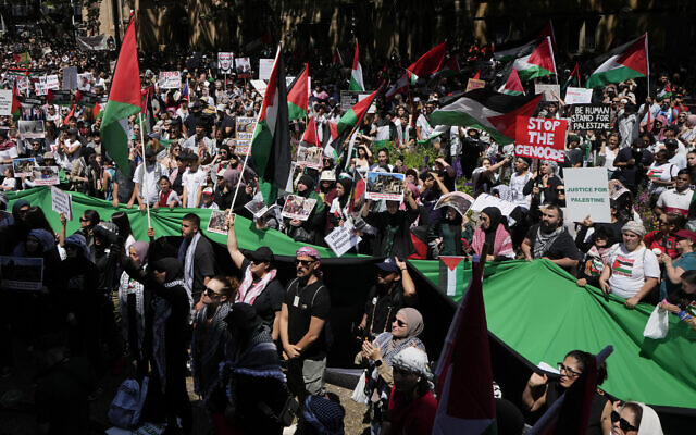 Des personnes rassemblées lors d'un rassemblement pro-palestinien, à Sydney, le 21 octobre 2023. (Crédit : Rick Rycroft/AP Photo)