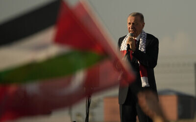 Le président turc Recep Tayyip Erdogan lors d'un rassemblement pro-palestinien à Istanbul, le 28 octobre 2023. (Crédit : AP Photo/Emrah Gurel)