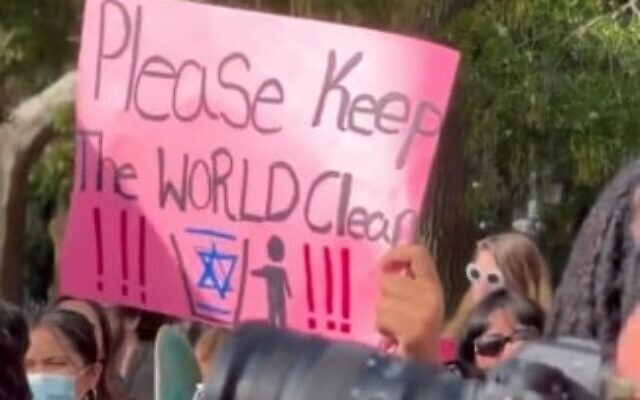 Une pancarte antisémite lors d'une manifestation pro-palestinienne d'étudiants de l'Université de New York et d'autres personnes, dans le Washington Square Park, à Manhattan, le 25 octobre 2023. (Crédit : Capture d'écran X)
