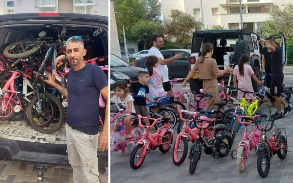 Image composite largement distribuée sur les réseaux montrant Alaa Amara distribuer des vélos aux enfants évacués, le 12 octobre 2023. (Crédit : Capture d'écran ; utilisée conformément à l'article 27a de la loi sur le droit d'auteur)