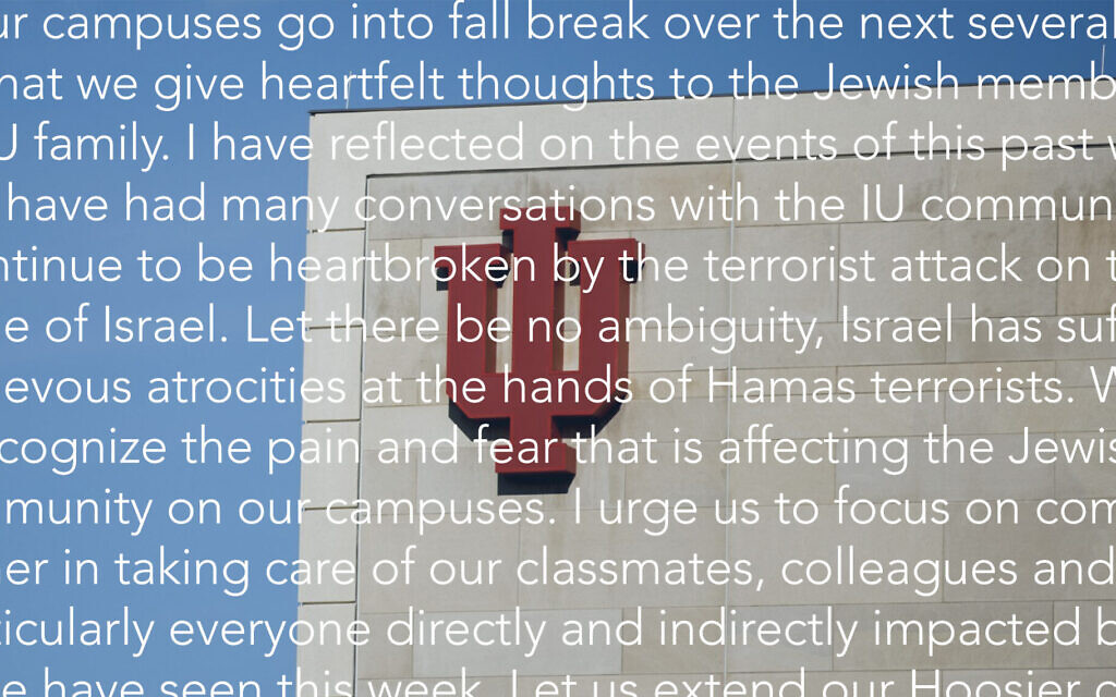 L'université de l'Indiana a publié une deuxième déclaration sur les attentats du 7 octobre après que sa première déclaration n'a pas mentionné le Hamas ou les victimes juives. (Crédit : JTA/Illustration par Mollie Suss)