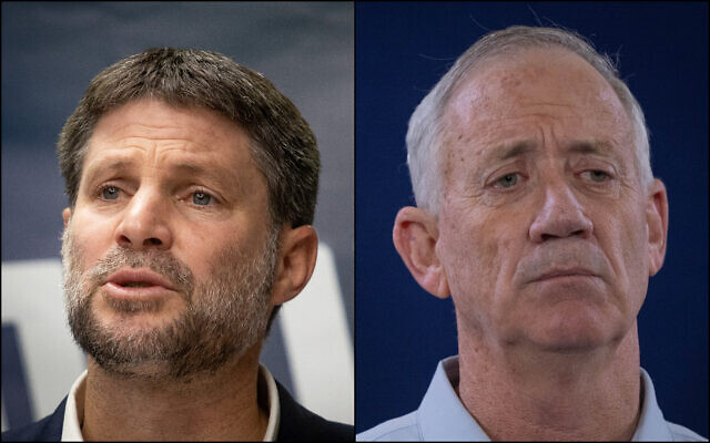 À gauche : le ministre des Finances Bezalel Smotrich à la Knesset le 20 novembre 2023. (Crédit : Oren Ben Hakoon/Flash90) ; à droite : Le ministre Benny Gantz participe à une conférence de presse au ministère de la Défense à Tel Aviv, le 22 novembre 2023. (Crédit : Chaim Goldberg/Flash90)