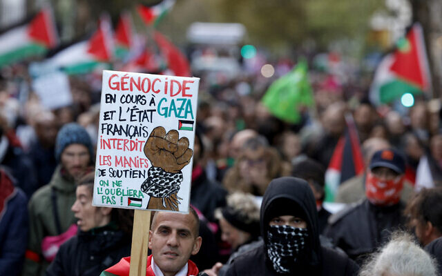 Un manifestant à Paris, le 4 novembre 2023. (Crédit : Geoffroy VAN DER HASSELT / AFP)