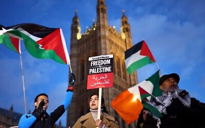 Des manifestants brandissant des panneaux et des drapeaux lors d'un rassemblement en soutien aux Palestiniens, aux abords du Parlement, dans le centre de Londres, le 15 novembre 2023. (Crédit : Henry Nicholls/AFP)