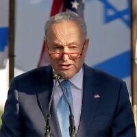Le chef de la majorité au Sénat Chuck Schumer prenant la parole lors d'un rassemblement pro-Israël, à Washington, le 14 novembre 2023. (Crédit : Capture d'écran/YouTube)