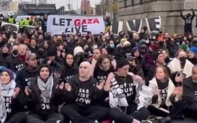 Des activistes d'extrême-gauche bloquant le pont de Manhattan lors d'une manifestation appelant à un cessez-le-feu à Gaza, à New York, le 26 novembre 2023. (Crédit : Capture d'écran/X)