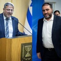 Montage photos : Le ministre de la Sécurité nationale Itamar Ben Gvir, à gauche, et le ministre de l'Intérieur Moshe Arbel. (Crédit : Flash90)