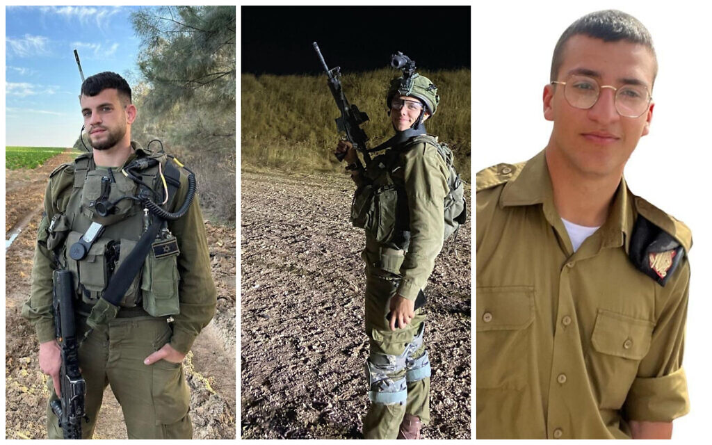 De gauche à droite : le sergent d'état-major Tomer Yaakov Ahimas, le sergent Kiril Brodski et le sergent Shaked Dahan, déclarés morts. (Autorisation)