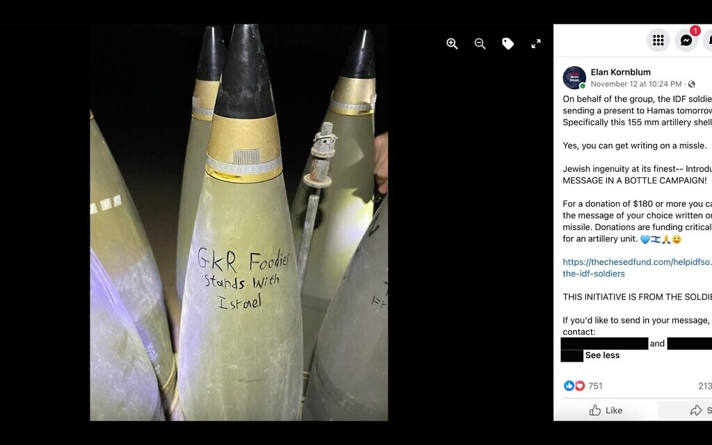Une publication qui montre un message inscrit sur des missiles, publiée par le groupe Facebook Great Kosher Restaurant Foodies. (Crédit : Capture d'écran)